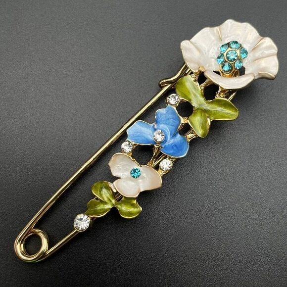 Yellow Gold with Aquamarine and Diamond Crystal Flower Leaf Safety Pin Brooch - Picture 1 of 10